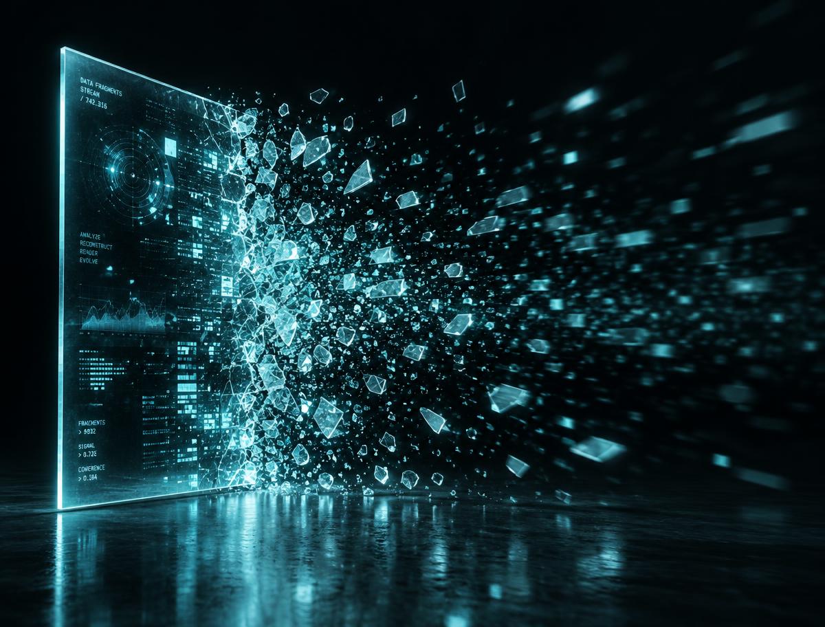 Glass data fragments dissolving into darkness at the edge of a small window