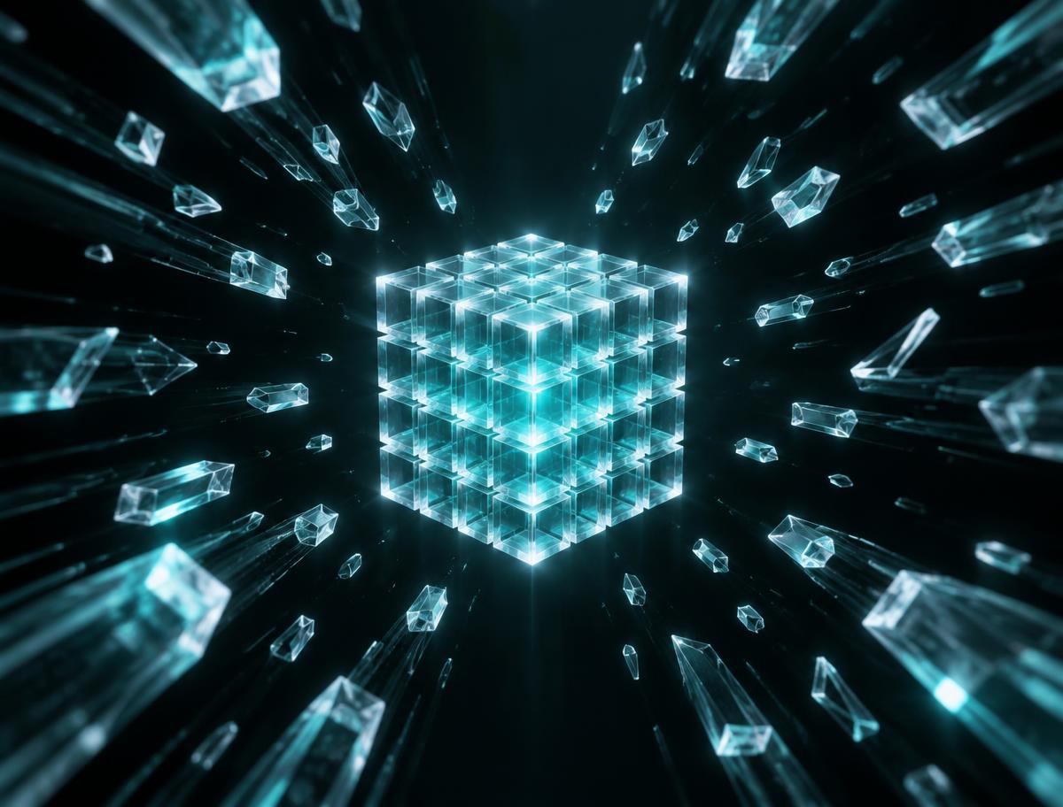 Glowing memory cells placed into an orderly crystalline lattice beneath tiers of summaries